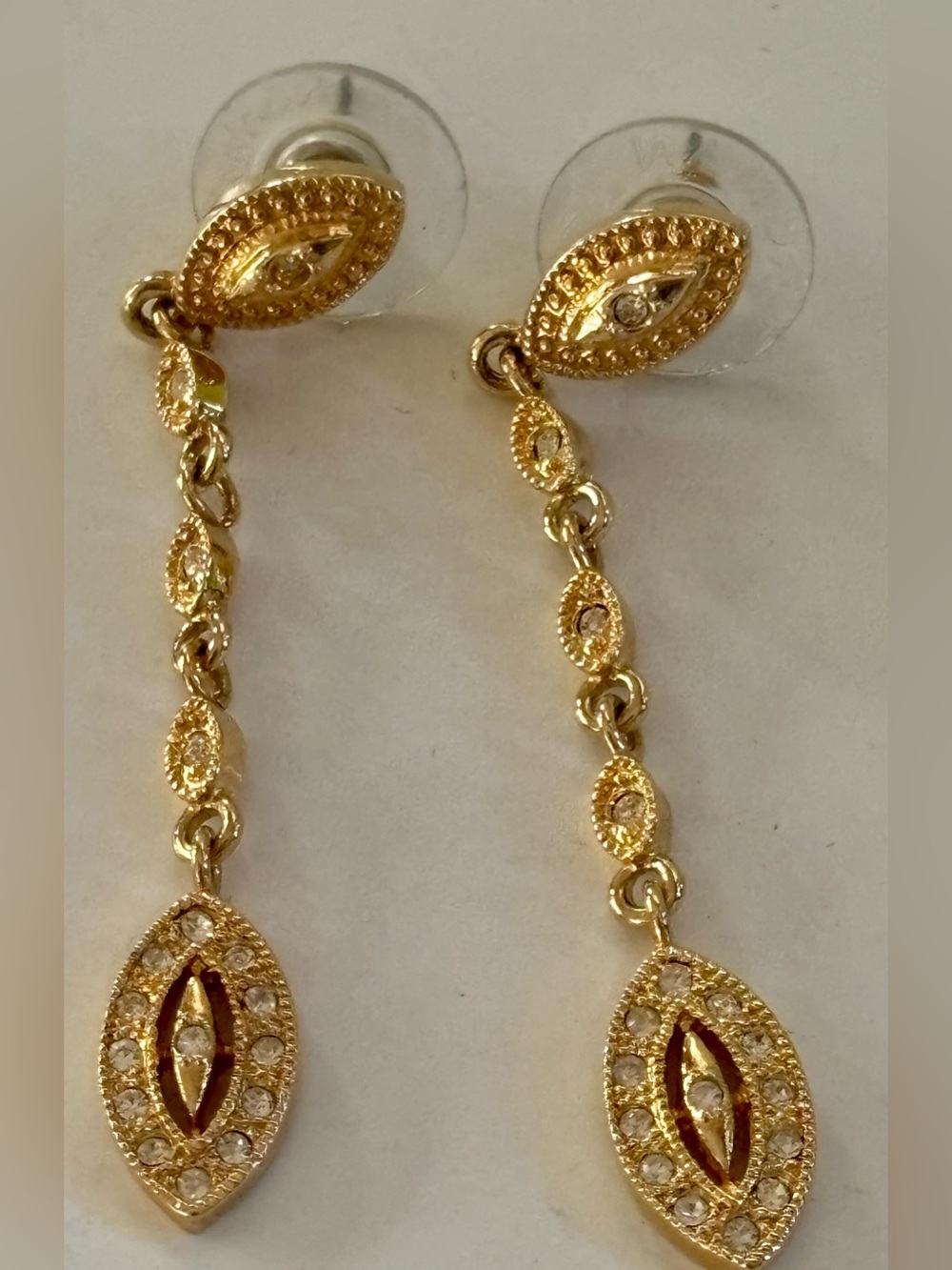 Vintage Roman Signed Gold Tone Marquise Rhinestone Dangle Drop Earrings 2"
